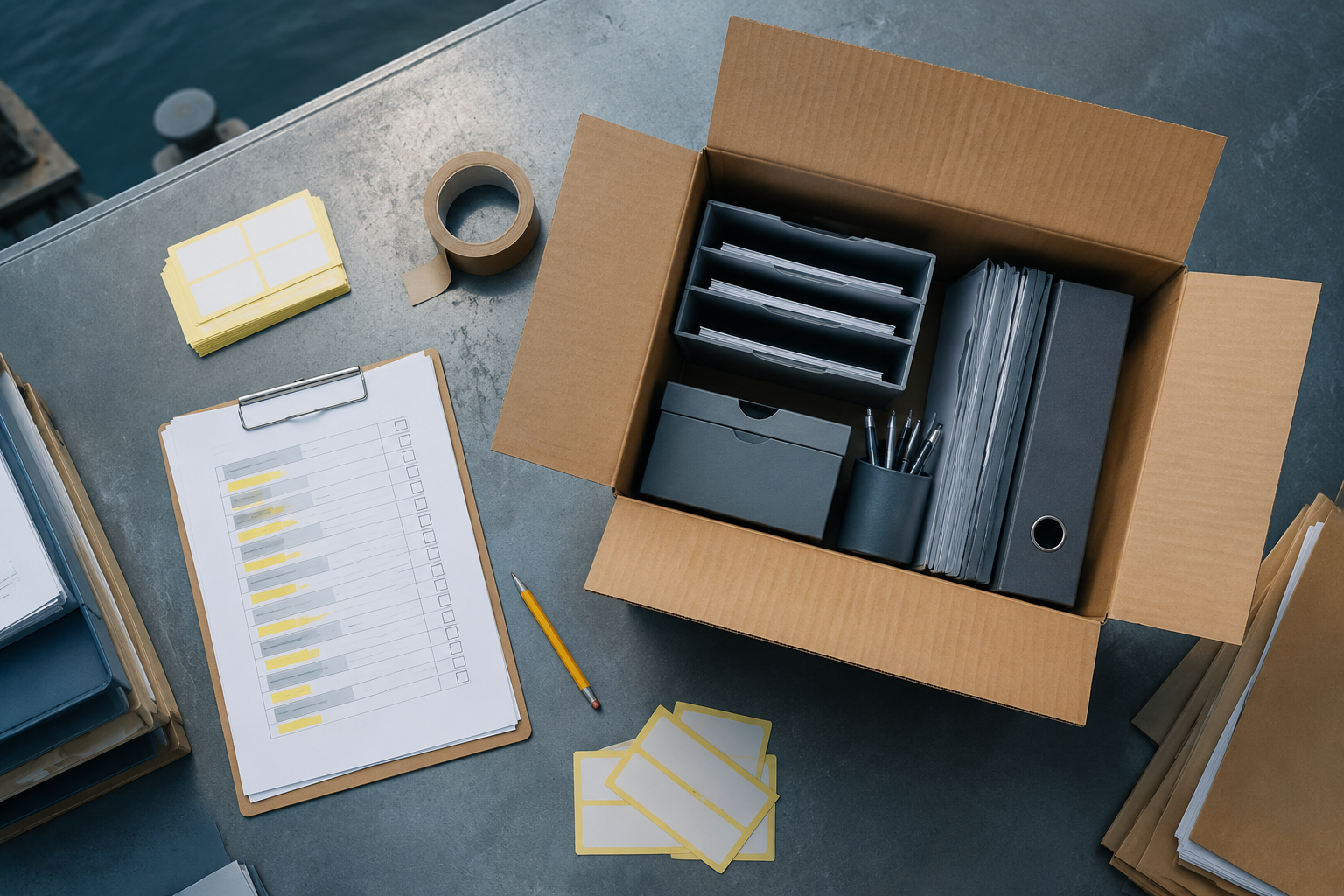Overhead view of a Hull dispatch desk packing desk goods into a cardboard box beside a yellow-marked packing manifest